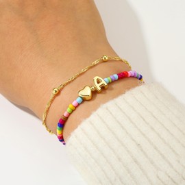 Initial Bracelet for Women Girls - 14K Gold Plated Heart Letter A Bracelet for Women, Layered Colorful Beaded Stretch Bracelets Boho Jewelry Birthday Gifts for Kids