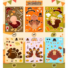 Thanksgiving Stickers for Kids, DIY Crafts Stickers for Kids, Make a Turkey Face Sticker, Thanksgiving Games Activities Decorations Party Supplies(24 Sheets)