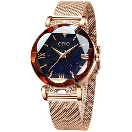 CIVO Womens Watches Designer Steel Mesh Strap Watch Starry Sky Waterproof Elegant Classic Dress Casual Analogue Set Wrist Watches