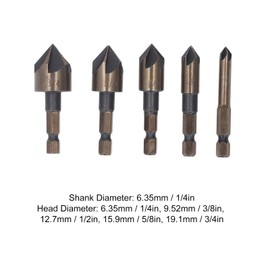 lvifloae 5 Pieces Countersink Drill Bits 1/4 inch 3/8 inch 1/2 inch 5/8 inch 3/4 inch 5 Long Flute Countersink Drill Bits with 1/4 inch Hex Shank for Wood Fiberboard Plastic Metals with Aluminum Case