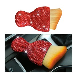 KHGUZ Bling Car Interior Dust Brush, Crystal Rhinestone Soft Auto Detailing Cleaning Brush, Sparkling Diamond Vehicle Dashboard Air Vent Cleaner for Women Girls, Universal for Vehicles (Red)