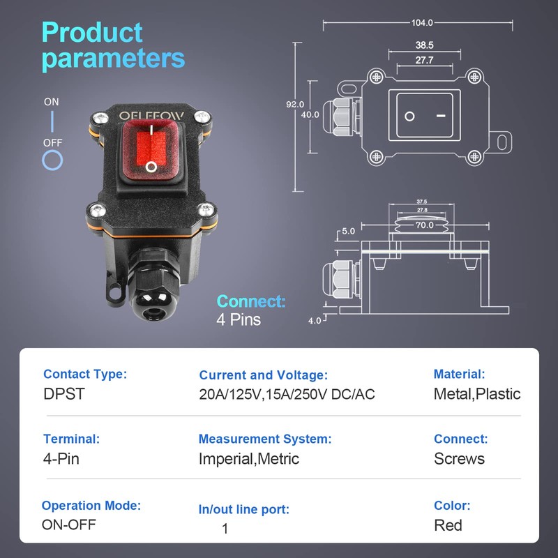 OELFFOW Waterproof On Off Toggle Switch with Red Light Rocker