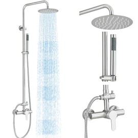 MOSSON Rain Shower System Outdoor Shower Fixtures with 8" Rain Shower Head Handheld Sprayer Single Handle Wall Mounted Bathroom Shower Faucet Set Brushed Nickel for Bathroom or Backyard