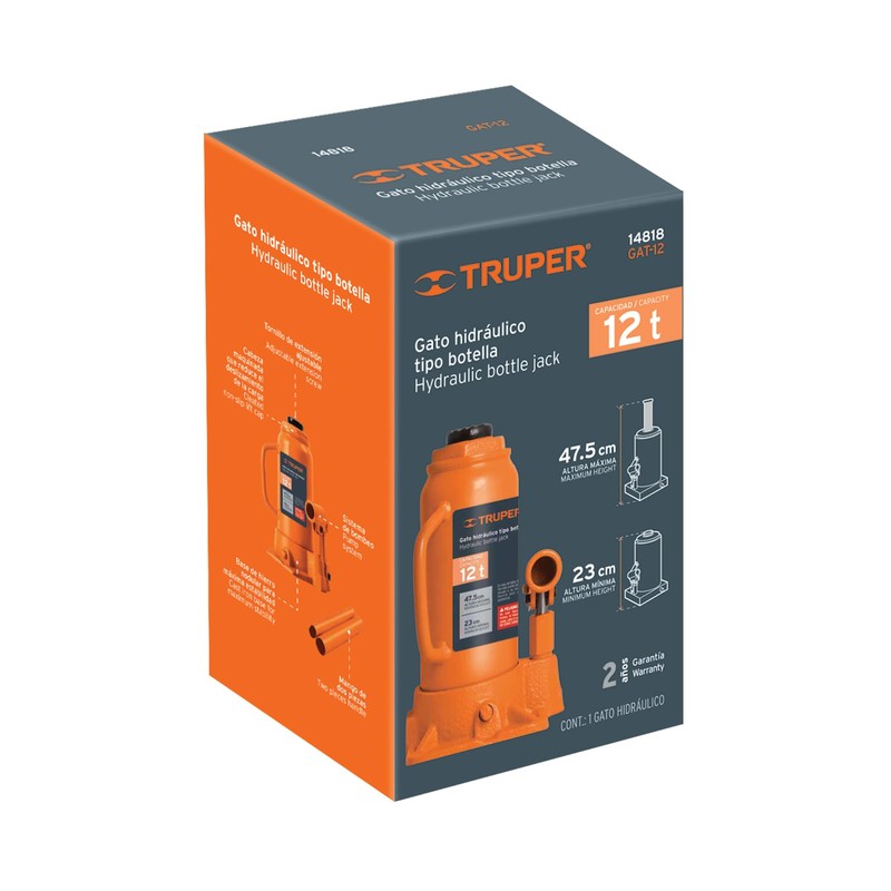 TRUPER GAT-12 12-Ton Hydraulic Bottle Jacks 18 11/16" (475mm)