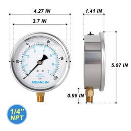MEANLIN MEASURE 0~100Psi Stainless Steel 1/4" NPT 4" FACE DIAL Liquid Filled Pressure Gauge WOG Water Oil Air Lower Mount, with 1/4" x 1/2" NPT and 1/4" x 3/8" NPT Hex Bushing