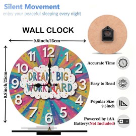 Lancholy 10-Inch Silent Wooden Wall Clock, Motivational Colorful Wall Clock Dream Big Work Hard ” Silent Non-Ticking Clock, Battery Operated (AA Batteries Not Included), Artistic Home Decor