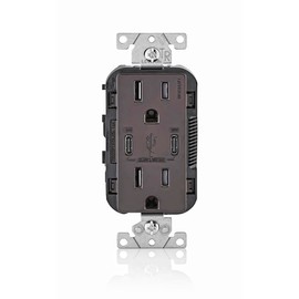 Leviton 30W (6A) USB Dual Type-C/C Power Delivery In-Wall Charger with 15A Tamper-Resistant Outlet, USB Charger for Smartphones, Tablets, Laptops, T5635-B, Brown