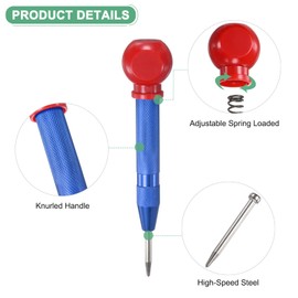 M METERXITY 1-Pack Automatic Center Punch, 133mm HSS Spring Loaded Nail Punch with Palm Cushion Cap for Steel Plate/Wooden Board/Glass, Adjustable Impact Punch Window Breaker Tool [Blue]
