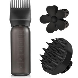 Aplicadora de Aceite para El Cabello, botella aplicadora de raíz y cepillo de masaje para el cabello, botella aplicadora de aceite para el cabello, herramienta fiable para teñir el (Negro, 3Pcs)