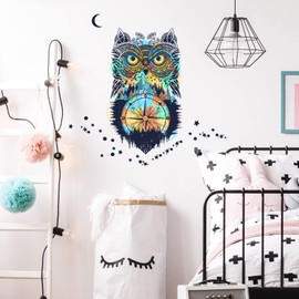 WandSticker4U® - Wall Sticker Bedroom Owl Compass Colourful (39 x 46 cm) I Boho Wall Sticker Animals Moon Stars I Wall Decoration Living Room Kitchen Hallway Teenager's Room Decoration Girls Boy Door
