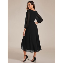 Ever-Pretty Women's V Neck Long Sleeves Pleated A-Line Midi Length Chiffon Dresses for Wedding Guest Black 16UK