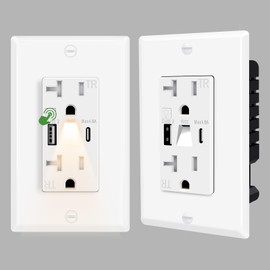 Manual-Control Night Light 20A Outlet with 2 USB Ports (Type A+C) | Tamper-Resistant Wall Plate for Bedroom, Kitchen, Bathroom | 2-Pack, White, ETL Listed