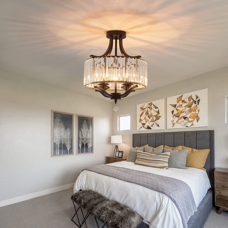 Piepooye Modern Crystal Chandelier 4 Lights Black Semi Flush Mount