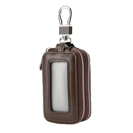 THREE RABBITS Genuine Leather Smart Key Case, Unisex, With Window, Zipper, Two-Tone Leather, Bi-Color, Stylish, Key Case, Cute, Keyless, Carabiner, Keyring, Gentleman, Compact, Braun