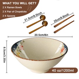 mehrido Ceramic Ramen Bowl Set, 2 Sets 34 Ounces Large Japanese Noodle Soup Bowls with Spoons and Chopsticks for Soup Udon Soba Pho Asian Noodles Pasta Salad