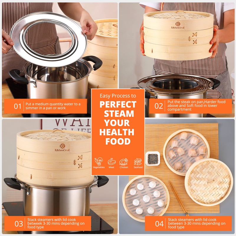 KITCHENCRUST Bamboo Steamer Basket for Chinese Asian Cuisine - 2