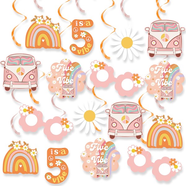 K KUMEED Groovy 5th Birthday Party Decorations,Five is A Vibe Hanging Swirl Decorations Hippie Rainbow Daisy Flower for Girls Groovy 5 Years Old Birthday Party