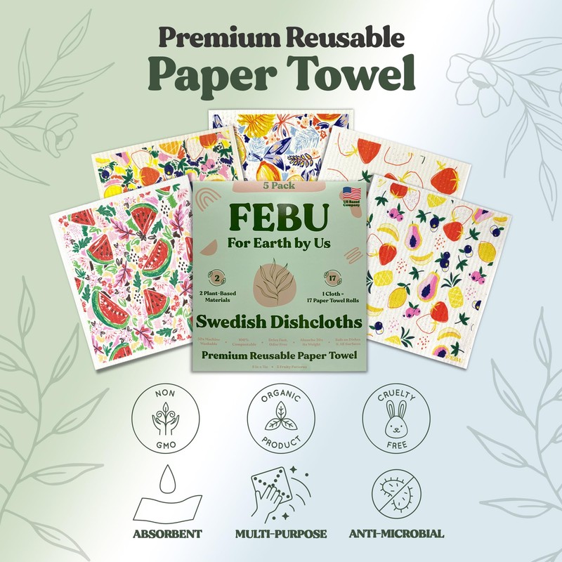 FEBU Swedish Dishcloths for Kitchen | 5 Pack Fruit Pattern