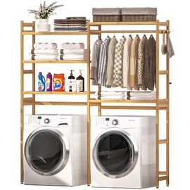 Cozivolife Over the Washer and Dryer Storage Shelf Bamboo,5 Tiers Laundry Room Drying Rack with Adjustable Shelves and 4 Hooks,Space Saver Organizer for Hanging Clothes and Towels (Natural)