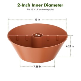 Koutemie 2-in-1 Umbrella Planter for Patio Table & Pole, Half Round Flower Planters Pots with Umbrella Hole Fits Poles Up to 2” Diameter, PVC Post Planter Wrap Around Umbrella for Garden, Brown