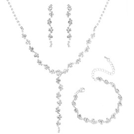 FDEETY Wedding Jewellery Set for Women Necklace Earrings Bracelet Set Jewellery Set with Zirconia Allergen-free Wedding Jewellery for Bride Bridesmaids, Alloy Steel