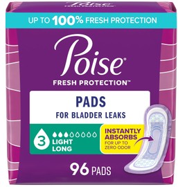 Poise Almohadillas de incontinencia y almohadillas de incontinencia posparto, 3 gotas de absorción de luz, longitud larga, 96 unidades (4 paquetes de 24), el embalaje puede variar