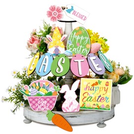 14 Pcs Easter Tiered Tray Decor Happy Easter Egg Mini Wood Sign Rustic Gnomes Bunny Spring Sign Decor Wooden Carrot Easter Decorations for Farmhouse Home Kitchen Office Table Party Gift