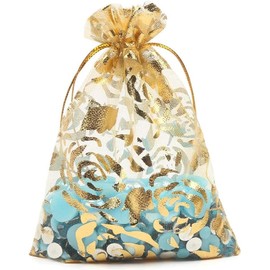 KIMOBER 100pcs Organza Gift Bags,Golden Rose Pattern Gift Wrap Bags with Drawstring Small Mesh Bags for Wedding Jewelry Baby Shower Party Favour Supply,3.5 X 4.7 Inch,Golden Rose