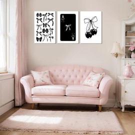 Kyiyhzp 3Pcs Fashion Black White Bow Canvas Wall Art Funky Aesthetic Cherry Poker Picture Painting Trendy Preppy Aesthetic Wall Decor Artwork for Girl Room Dorm Apartment Bedroom Decorations 16x24in