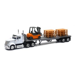 New-Ray 16643 Newray 1: 43 Long Haul Trucker - International Lonestar Flatbed with Forklift & Pallets, White,unisex-children