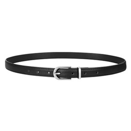 JASGOOD Womens Thin Leather Belt Skinny Faux Leather Belt for Jeans Dress with Light Silver Buckle,Black/Fit Waist Size 26-31 inch