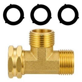 Garden Hose Tee Adapter, Brass Tee Fitting 3/4" GHT Swivel Female x Male x Male Water Pipe Connector Heavy Duty 3 Way Splitter T Shaped Adapter for Outdoor Faucet Hose Bib Drip Irrigation