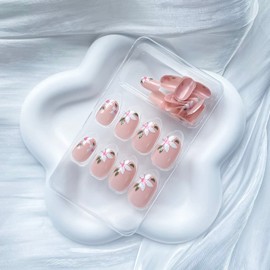 24 Pcs Flower Press on Nails Medium Short Almond Fake Nails Nude Acrylic Nails Spring Floral Leaf Design False Nails Summer Glue on Nails for Women Nail Decoration