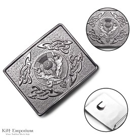 Celtic Knot Kilt Belt Buckle, Traditional Scottish Thistle Design (Silver Antique)