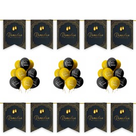 Ramadan Mubarak Decoration Set - 20pc Set Pack - with Buntings Flags Banners Balloons Partyware Decor Geometric (Black & Gold 20pc Set)