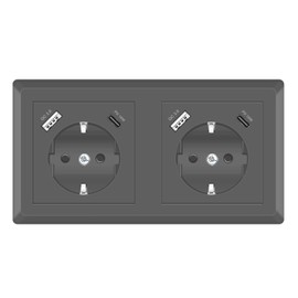 Sasudose Double Socket with USB C Connection, 2-Way Schuko USB Socket Flush-Mounted PD18W Quick Charger System 55 Grey Protective Contact Socket for Smartphone Tablet MP3