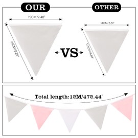 G2PLUS 12M Large Fabric Bunting Banner, 19x21CM Reusable Cotton Triangle Flag Garland with 42PCS Pink Grey and White Pennants for Garden Tea Wedding Baby Shower Birthday Parties