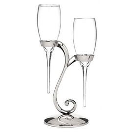 Hortense B. Hewitt Raindrop Shaped Champagne Toasting Flutes with Silver Color Swirl Stand, Silver