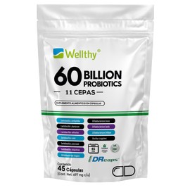 Wellthy Probioticos 60 Billones 11 Cepas. 45 Cápsulas Mes y Medio de Consumo, Cápsulas Veganas, DRcaps Acción Prolongada, Bottle Free.                