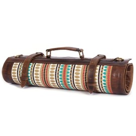 Tolredo Cow Leather & Jacquard Chef Knife Roll Case 10 Slot and 1 Zipper Pocket for Culinary Storage & Tool Pouch, Water Resistant Portable Bag with Detachable Shoulder Strap (29.5" X 20")