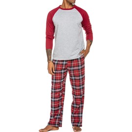 ADOME Mens Woven Pyjamas PJ Set Short Sleeve Crew Lounge Top Soft Check Pants 2 Piece Nightwear Set, YDL2-Red, S