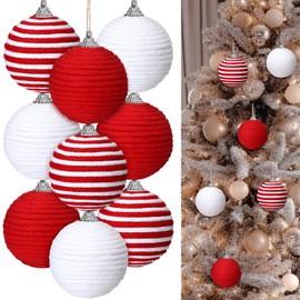 Syhood 9 Pcs 2.36 Inch Christmas Ball Ornaments Boho Farmhouse Jute Rope Hanging Balls Burlap Neutral Rustic Ornaments for Xmas Tree Holiday Wreath Garland Wedding Home(Red, White, Red and White)
