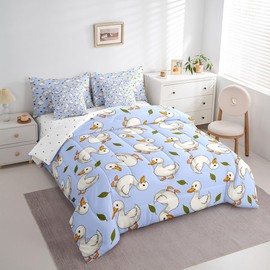 7 Pieces Cute Ducks Comforter Set Twin Size, White Ducks Print Bedding Set for Kids Girls Room Decor, Farm Animals Theme Blue Bed in a Bag with Comforter, Fitted Sheet, Flat Sheet and Pillowcases
