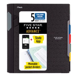 Five Star Advance Spiral Notebook + Study App, 5 Subject, College Ruled Paper, 8-1/2" x 11", 200 Sheets, Spiral Guard, Movable Tabbed Dividers, Black (73144)