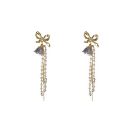 Yallaeen Bell Design Earrings, 925 Silver, Needles, Ribbon Design, Long Design, Pearl Fringe Design, Women's Earrings