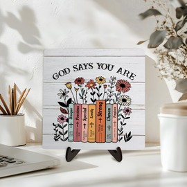 Christian Desk Wooden Sign Decor, God Says You Are, Home Office Religious Motivational Decor Scripture Bible Verse Desk Decoration Inspirational Christian Gifts for Friends and Sisters 5.9x5.9inch(GOD