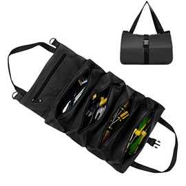 Suaetiai Roll Up Tool Bag, Canvas WrenchTool Roll Up Pouch, Multi-Purpose Tool Roll Organizer, Small Tool Bags with 5 Zippered Pockets, Tools Carrier for Mechanic/Electrician/Motorcycle/Truck (Black)