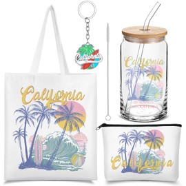 Chuangdi 4 Pcs California Travel Gifts Set Canvas Bag Cosmetic bag 16 oz Tumbler and Keychain California City Souvenirs Gifts for Traveler Friend Lover Sister