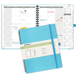 POPRUN Monthly Planner 2025-2026 Spiral Bound (8.5'' x 10.5'') 18 Months Calendar (Jul 2025 - Dec 2026) - 4 Pages per Month with Monthly Expense & Notes, Sunday Start, Leather Cover - Blue Green
