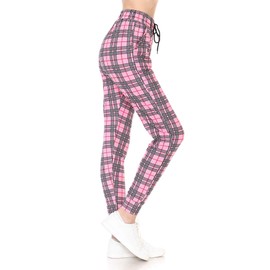 Leggings Depot JGA-S573-M Checkered Pink Print Jogger Pants w/Pockets, Medium